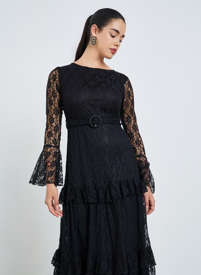 Styli Women Black All-Lace Ruffle Detail Maxi Dress - Image 1